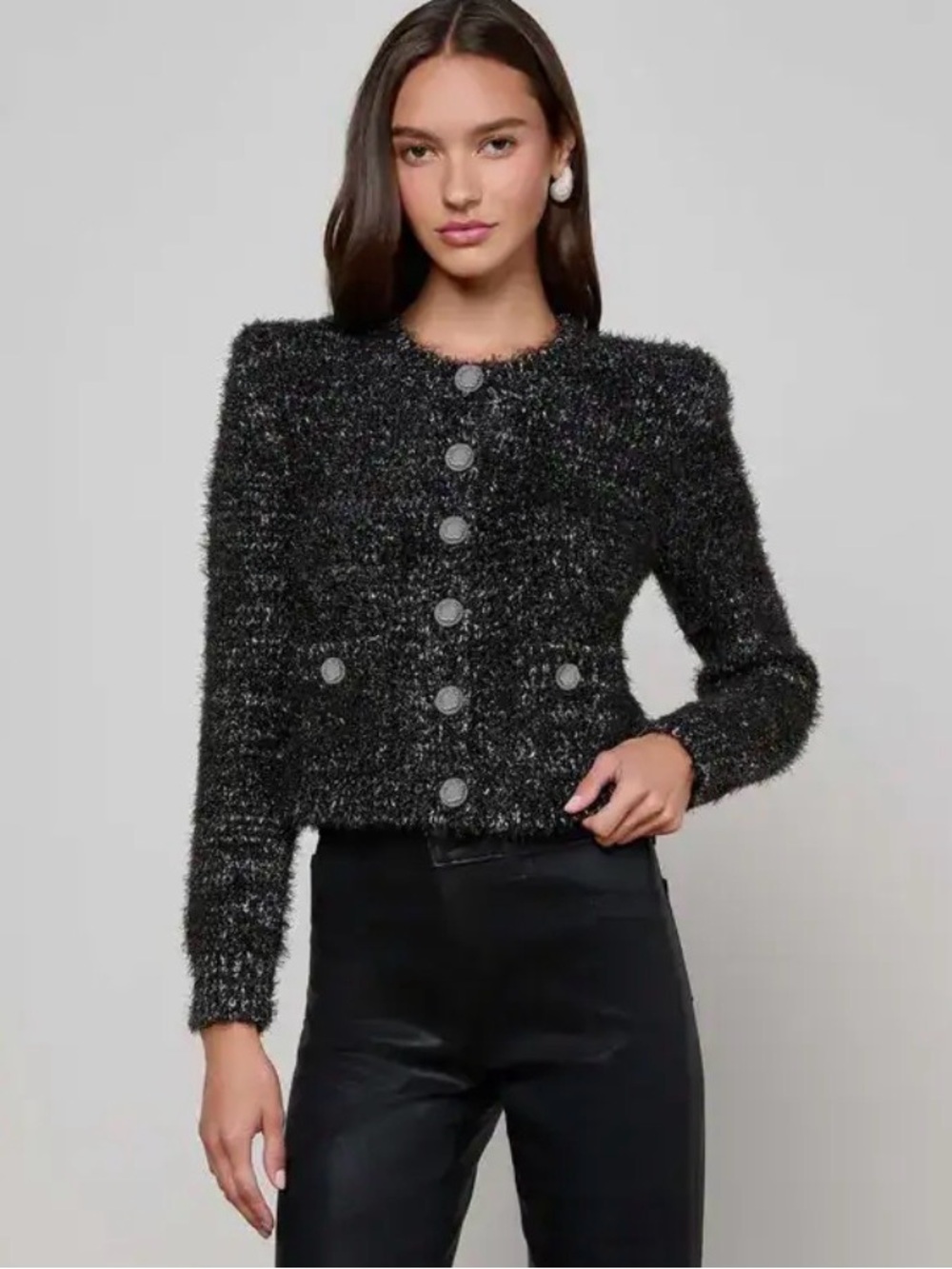L'AGENCE Black Textured Bouclé Cropped Button Jacket